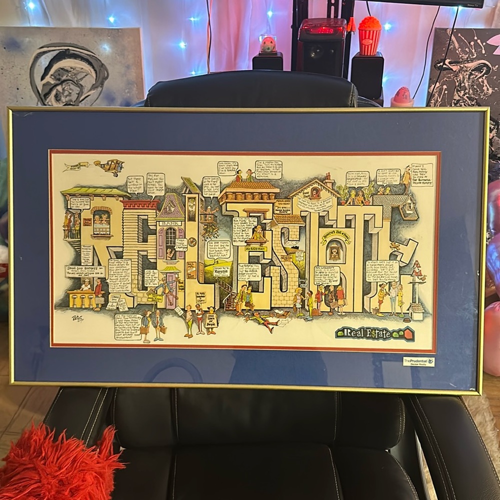 Large Real Estate Comic Picture With Gold Frame - The Prudential Decker Realty